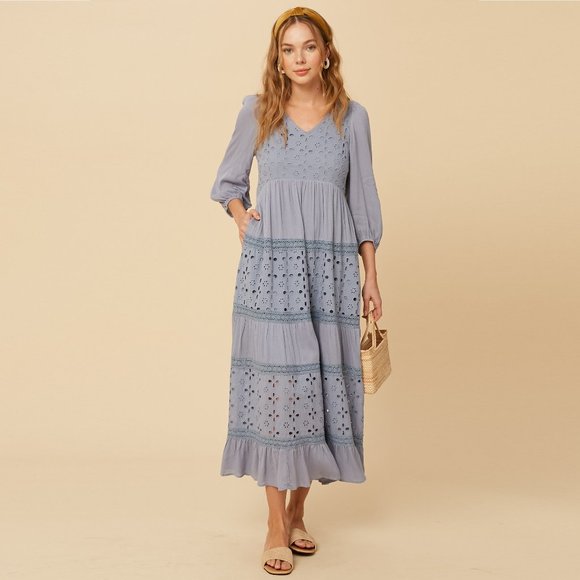 Listicle Misty Blue Maxi Dress NWT • Rayon Long Sleeve Boho Textured Embroidered - Picture 10 of 13